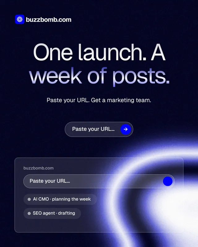 Instagram portrait post for BuzzBomb: "One launch. A week of posts." Agentic glass style, centred layout, dark palette in black, blue.