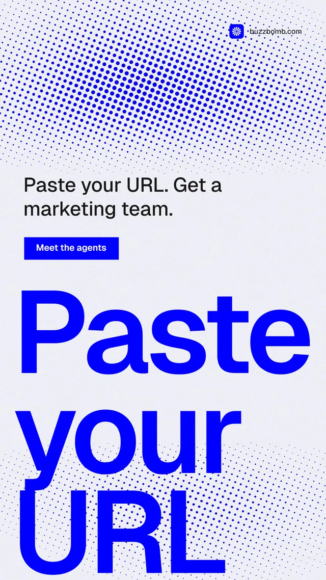 Instagram story for BuzzBomb: "One launch. A week of posts." Split block style, oversized layout, light palette in white, blue.