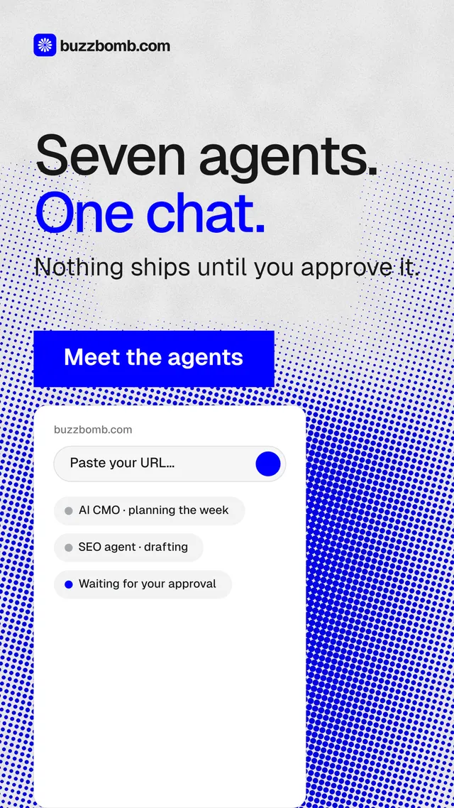 Instagram story for BuzzBomb: "Seven agents. One chat." Swiss style, skeleton layout, light palette in white, blue.