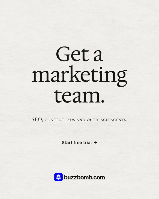 Instagram portrait post for BuzzBomb: "Get a marketing team." Editorial style, smallcaps layout, light palette in white.