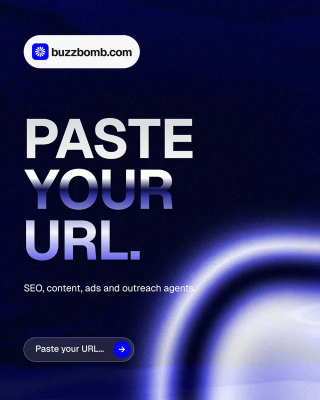 Instagram portrait post for BuzzBomb: "Paste your URL." Agentic glass style, announce layout, dark palette in black, blue.