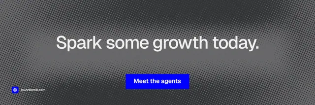 X header for BuzzBomb: "Spark some growth today." Split block style, centred layout, dark palette in grey, blue.