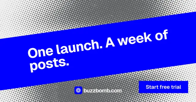Social ad for BuzzBomb: "One launch. A week of posts." Swiss style, diagonal layout, dark palette in blue, grey.