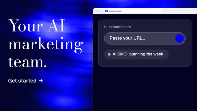 Landscape graphic for BuzzBomb: "Your AI marketing team." Minimal luxury style, browser layout, dark palette in black, blue.