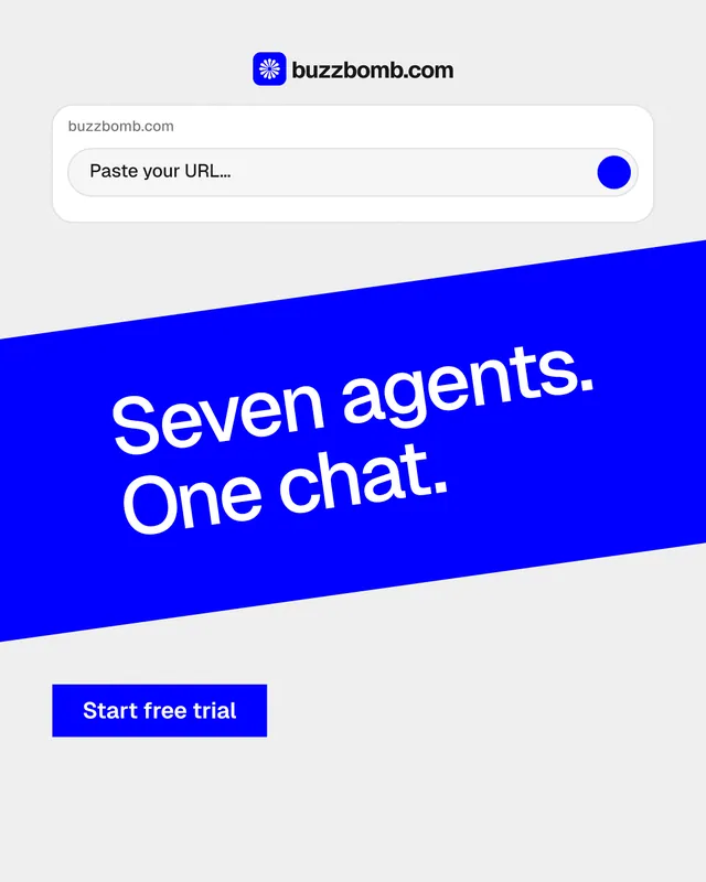 Instagram portrait post for BuzzBomb: "Seven agents. One chat." Swiss style, diagonal layout, light palette in white, blue.