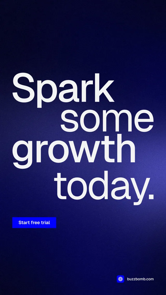 Instagram story for BuzzBomb: "Spark some growth today." Swiss style, stacked layout, dark palette in blue, black.