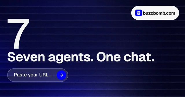 Social ad for BuzzBomb: "Spark some growth today." Agentic glass style, stat layout, dark palette in blue, black, grey.
