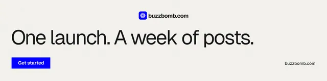 LinkedIn banner for BuzzBomb: "One launch. A week of posts." Swiss style, poster layout, light palette in white.