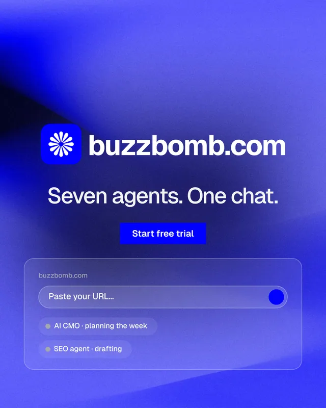 Instagram portrait post for BuzzBomb: "Seven agents. One chat." Swiss style, logo hero layout, dark palette in blue.