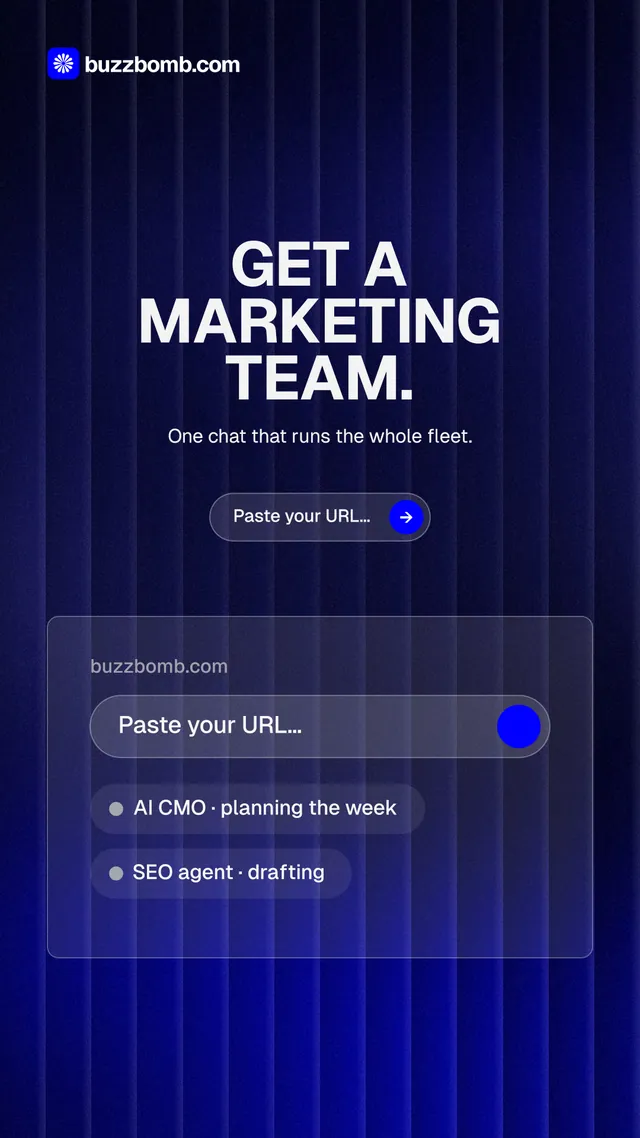 Instagram story for BuzzBomb: "Get a marketing team." Agentic glass style, centred layout, dark palette in black, blue, grey.