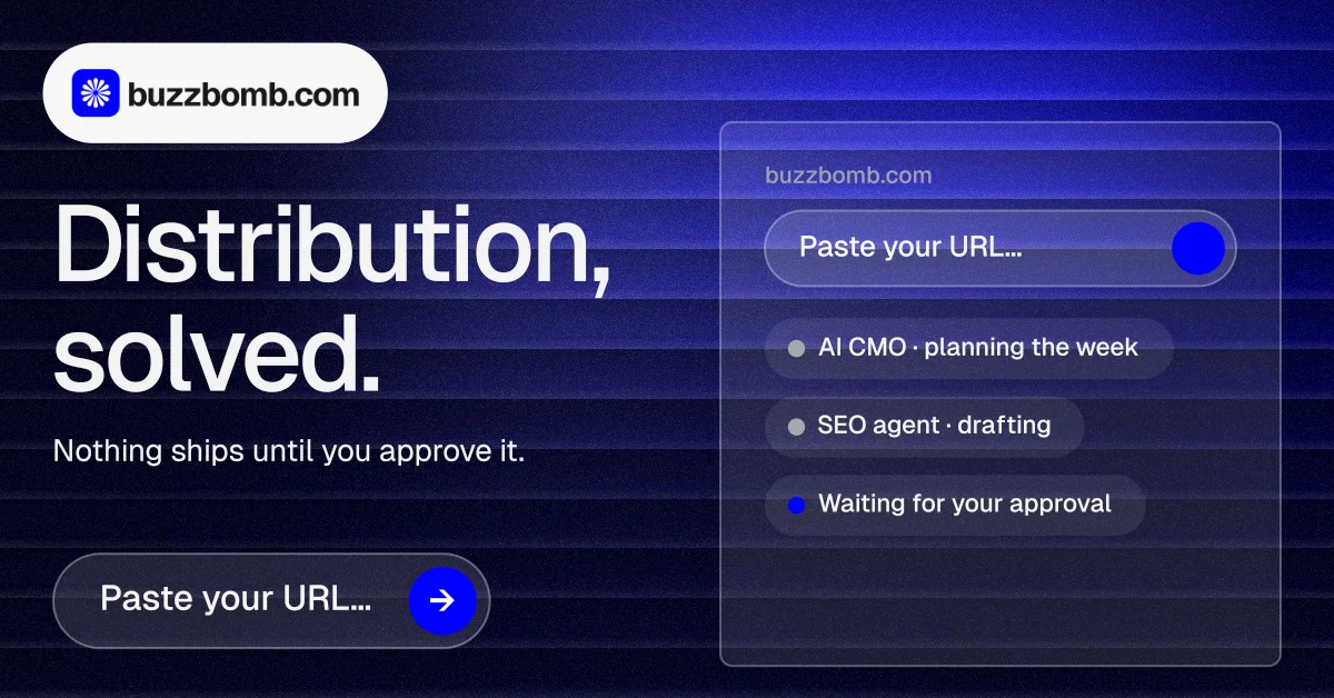Social ad for BuzzBomb: "Distribution, solved." Agentic glass style, bottom layout, dark palette in black, blue, grey.