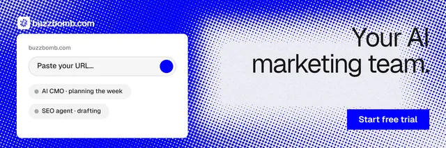 X header for BuzzBomb: "Your AI marketing team." Swiss style, right layout, light palette in blue, white.