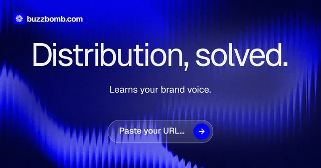 Social ad for BuzzBomb: "Distribution, solved." Agentic glass style, centred layout, dark palette in blue.