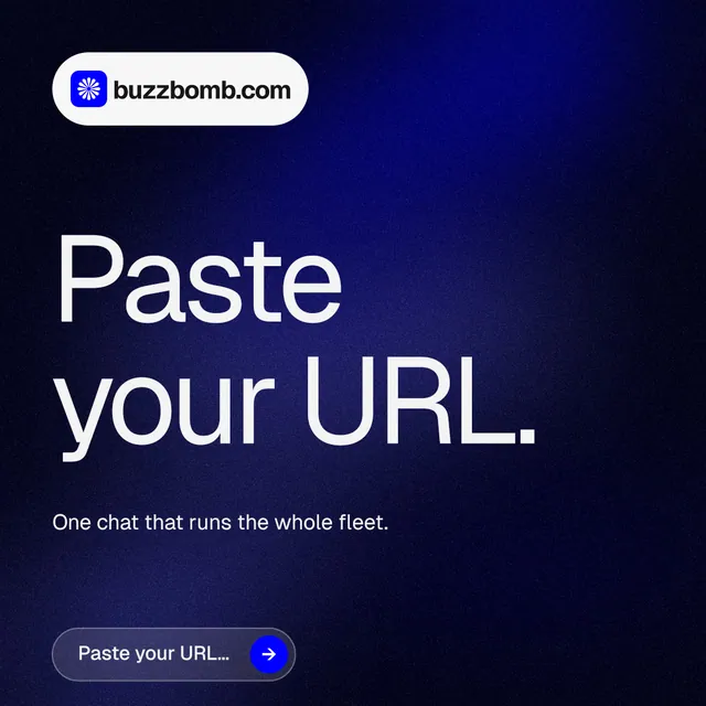 Instagram post for BuzzBomb: "Paste your URL." Agentic glass style, announce layout, dark palette in black, blue, grey.
