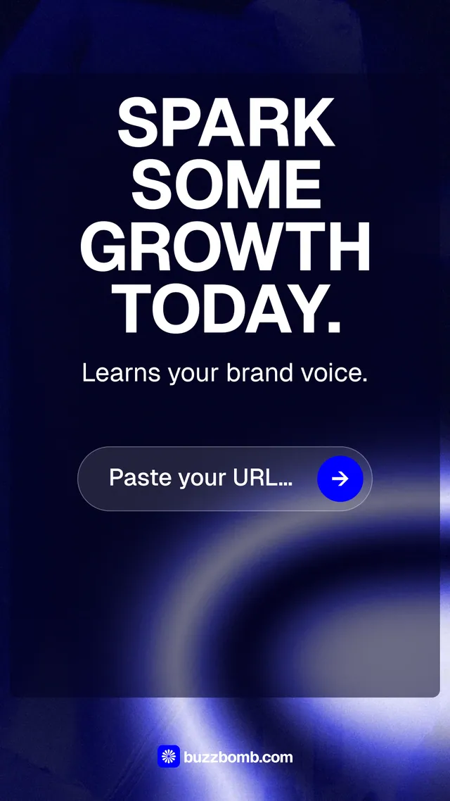 Instagram story for BuzzBomb: "Spark some growth today." Agentic glass style, skeleton layout, dark palette in black, blue.