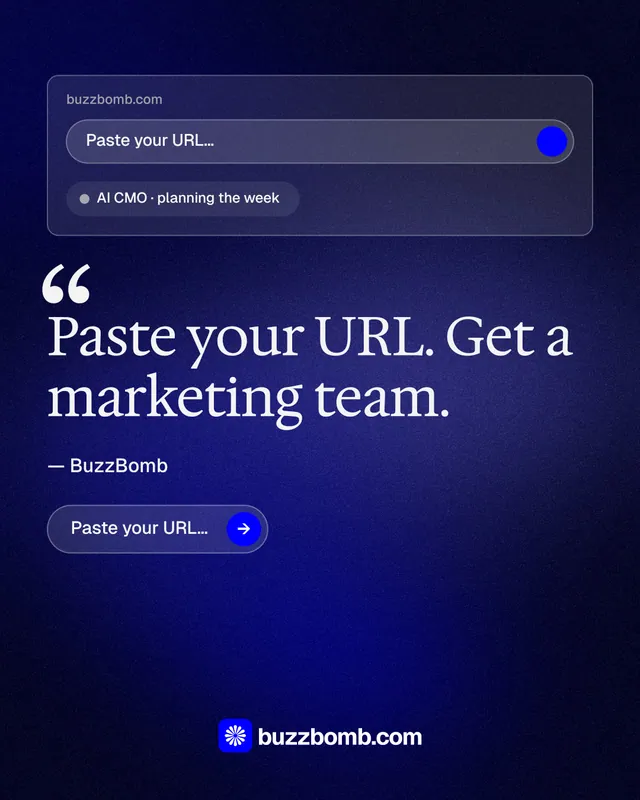 Instagram portrait post for BuzzBomb: "Paste your URL." Agentic glass style, quote layout, dark palette in black, blue.