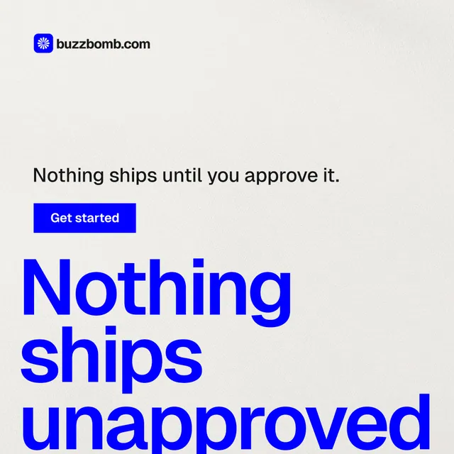 Instagram post for BuzzBomb: "Your AI marketing team." Swiss style, oversized layout, light palette in white, blue.