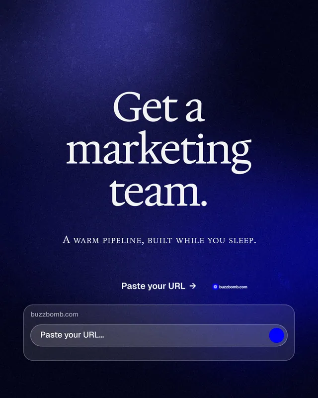 Instagram portrait post for BuzzBomb: "Get a marketing team." Swiss style, smallcaps layout, dark palette in black, blue.