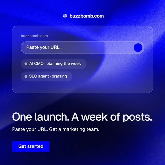Instagram post for BuzzBomb: "One launch. A week of posts." Swiss style, bottom layout, dark palette in blue.