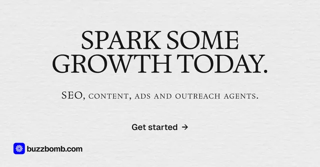 Social ad for BuzzBomb: "Spark some growth today." Swiss style, smallcaps layout, light palette in white, grey.