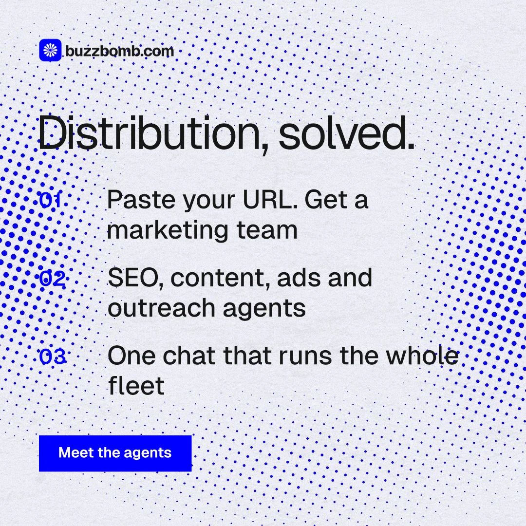 Instagram post for BuzzBomb: "Distribution, solved." Swiss style, numbered layout, light palette in white, blue.