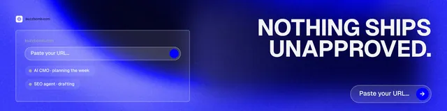 LinkedIn banner for BuzzBomb: "Nothing ships unapproved." Agentic glass style, right layout, dark palette in blue.