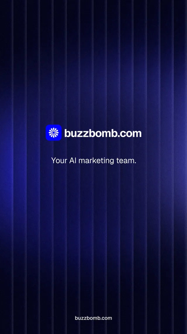 Instagram story for BuzzBomb: "Your AI marketing team." Agentic glass style, end card layout, dark palette in black, blue.