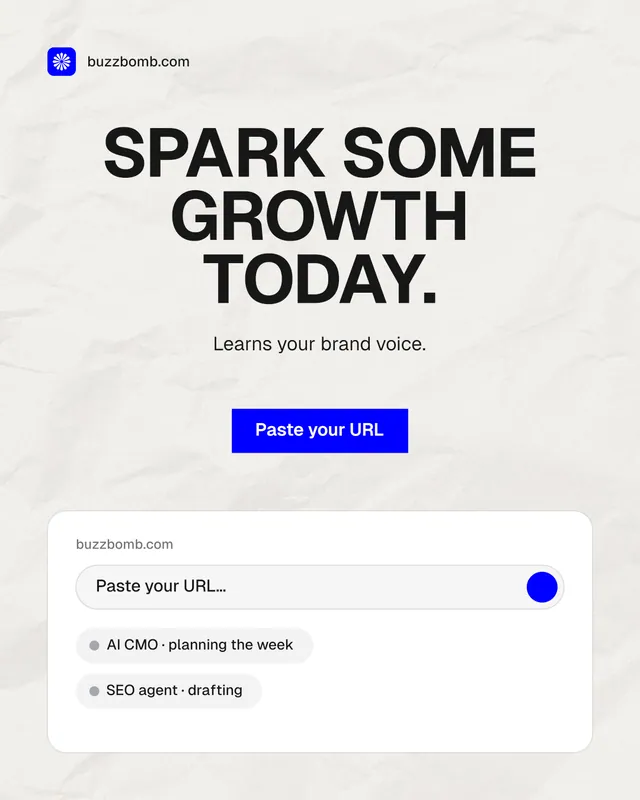 Instagram portrait post for BuzzBomb: "Spark some growth today." Swiss style, centred layout, light palette in white, grey.