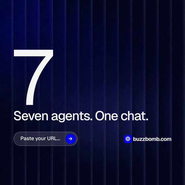 Instagram post for BuzzBomb: "Distribution, solved." Agentic glass style, stat layout, dark palette in black, blue, grey.