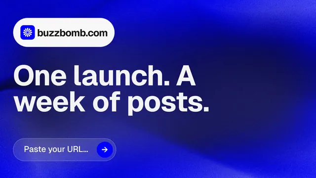 Landscape graphic for BuzzBomb: "One launch. A week of posts." Agentic glass style, announce layout, dark palette in blue.