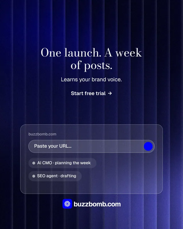 Instagram portrait post for BuzzBomb: "One launch. A week of posts." Minimal luxury style, centred layout, dark palette in blue, black.