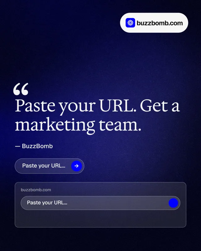 Instagram portrait post for BuzzBomb: "Paste your URL." Agentic glass style, quote layout, dark palette in black, blue, grey.