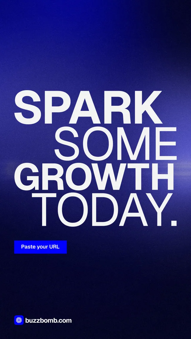 Instagram story for BuzzBomb: "Spark some growth today." Swiss style, stacked layout, dark palette in black, blue.
