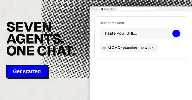 Social ad for BuzzBomb: "Seven agents. One chat." Brutalist style, browser layout, light palette in white, grey.