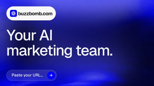 Landscape graphic for BuzzBomb: "Your AI marketing team." Agentic glass style, announce layout, dark palette in blue.