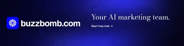 LinkedIn banner for BuzzBomb: "Your AI marketing team." Minimal luxury style, logo hero layout, dark palette in black, blue.