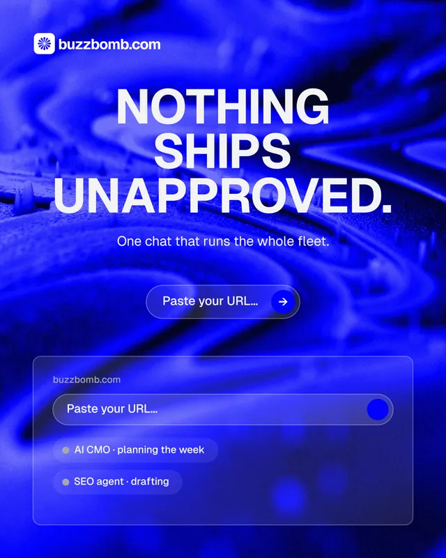 Instagram portrait post for BuzzBomb: "Nothing ships unapproved." Agentic glass style, centred layout, dark palette in blue.
