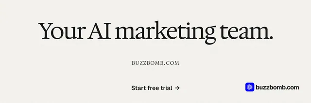 X header for BuzzBomb: "Your AI marketing team." Swiss style, smallcaps layout, light palette in white, grey.