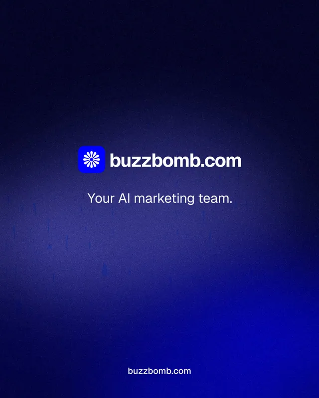Instagram portrait post for BuzzBomb: "Your AI marketing team." Agentic glass style, end card layout, dark palette in black, blue.
