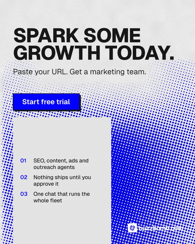 Instagram portrait post for BuzzBomb: "Spark some growth today." Brutalist style, skeleton layout, light palette in white, blue.