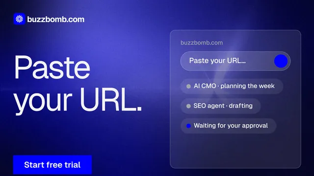 Landscape graphic for BuzzBomb: "Paste your URL." Swiss style, bottom layout, dark palette in blue.