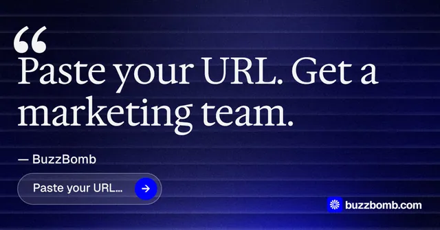 Social ad for BuzzBomb: "Distribution, solved." Agentic glass style, quote layout, dark palette in blue, black.