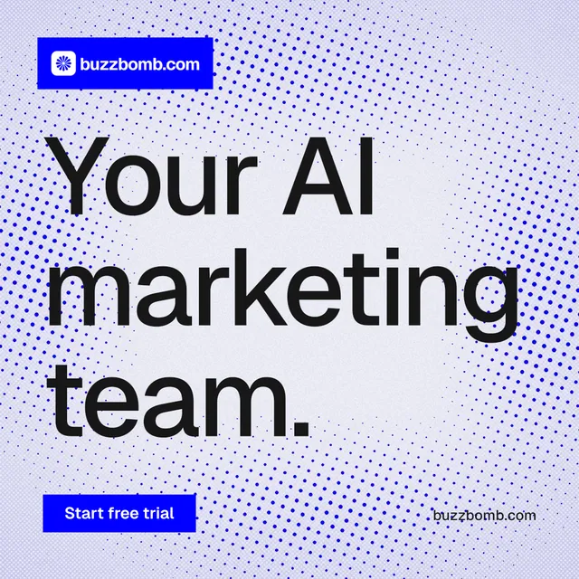 Instagram post for BuzzBomb: "Your AI marketing team." Swiss style, poster layout, light palette in blue, white.