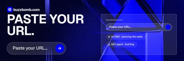 X header for BuzzBomb: "Paste your URL." Agentic glass style, skeleton layout, dark palette in black, blue.