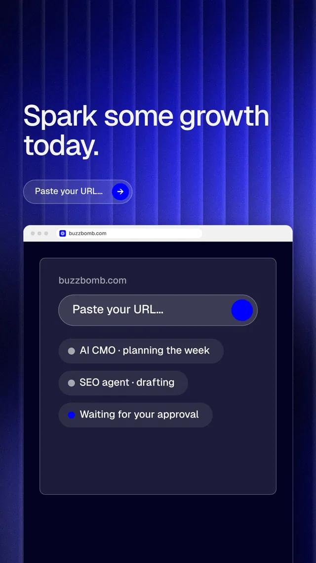 Instagram story for BuzzBomb: "Spark some growth today." Agentic glass style, browser layout, dark palette in blue, black.