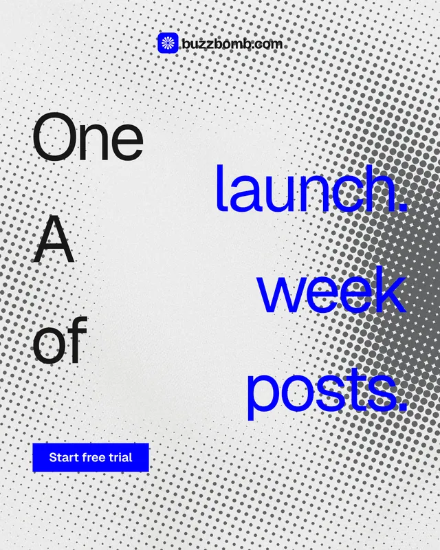 Instagram portrait post for BuzzBomb: "One launch. A week of posts." Split block style, stacked layout, light palette in white, blue.