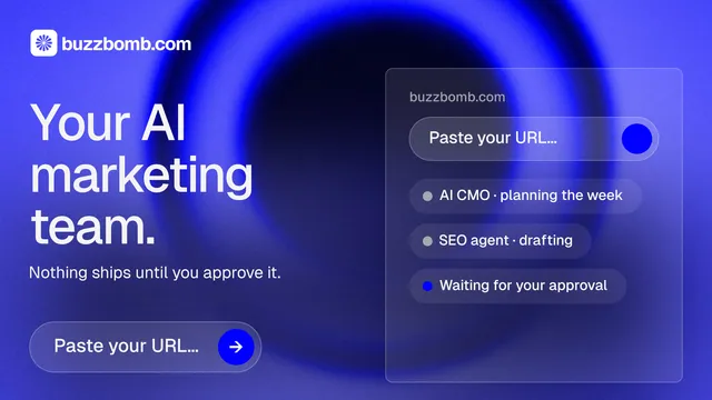 Landscape graphic for BuzzBomb: "Your AI marketing team." Agentic glass style, bottom layout, dark palette in blue.