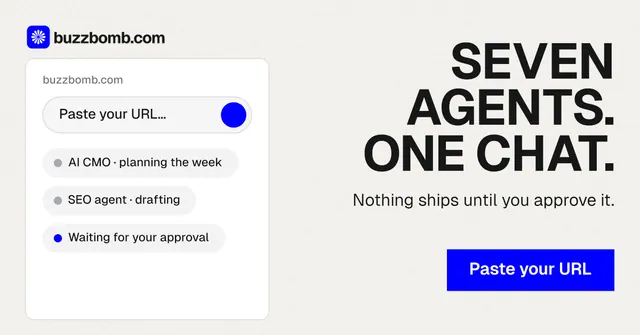 Social ad for BuzzBomb: "Seven agents. One chat." Swiss style, right layout, light palette in white, blue.