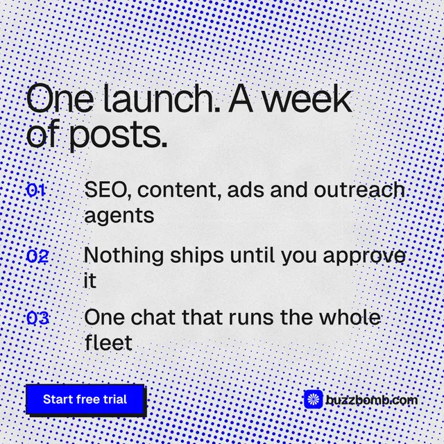 Instagram post for BuzzBomb: "One launch. A week of posts." Brutalist style, numbered layout, light palette in blue, white.