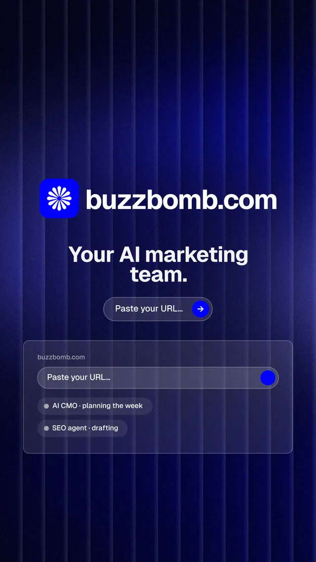 Instagram story for BuzzBomb: "Your AI marketing team." Agentic glass style, logo hero layout, dark palette in black, blue.